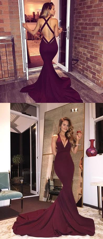 Long Burgundy Mermaid Sexy Formal Evening Party Prom Dresses. PD0290