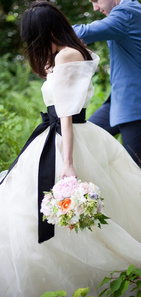 Simple Cheap Ivory Strapless Black Sash Elegant Sweet Ball Gown Wedding Dresses, AB1116