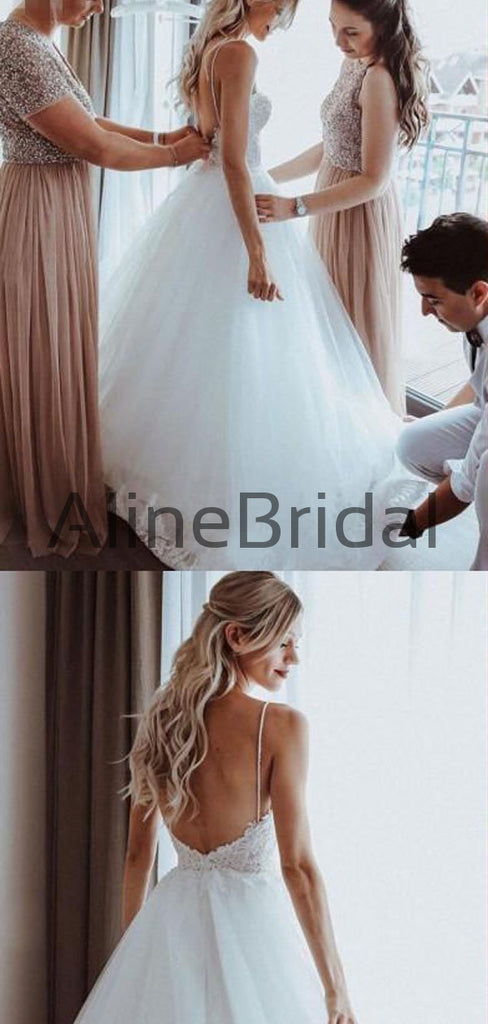 Fashion Spaghetti Straps Backless Lace Top A Line Long Wedding Dresses, WD1102